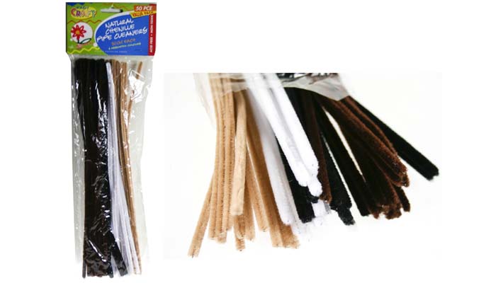 Chenille Stems 6mm Pk 50 Animal Cols (Blk,Brn,Tan,White)